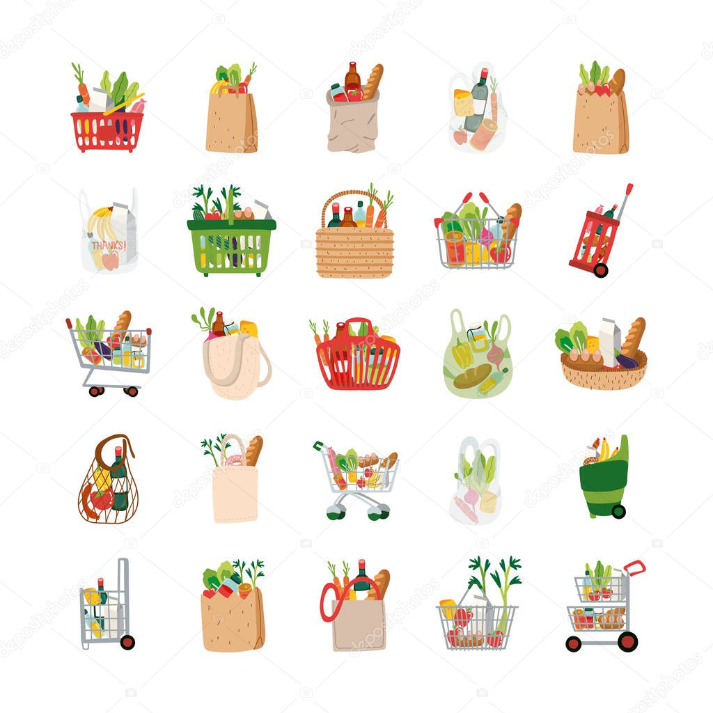 bundle of groceries set icons