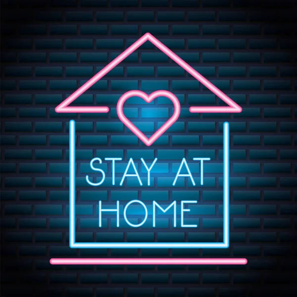 Ficar em casa campanha para covid19 neon light style —  Vetores de Stock