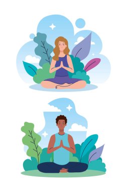 Çift doğada meditasyon yapıyor ve gidiyor, yoga, meditasyon, rahatlama, sağlıklı yaşam tarzı konsepti