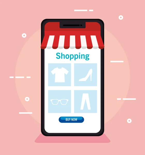 Online winkelen op website of mobiel, conceptmarketing en digitale marketing in smartphone — Stockvector
