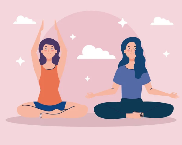 Donne che meditano, concetto di yoga, meditazione, relax, stile di vita sano — Vettoriale Stock