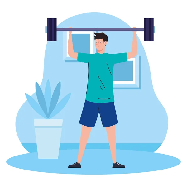 Exercice à la maison, l'homme soulevant des poids, en utilisant la maison comme une salle de gym — Image vectorielle