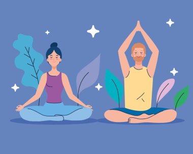 Çift doğada meditasyon yapıyor ve gidiyor, yoga, meditasyon, rahatlama, sağlıklı yaşam tarzı konsepti