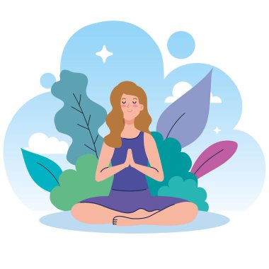 Kadın doğada meditasyon yapıyor ve gidiyor, yoga, meditasyon, rahatlama, sağlıklı yaşam tarzı konsepti.