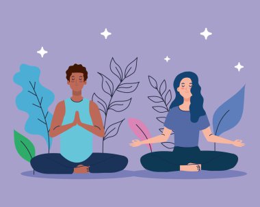 Çift doğada meditasyon yapıyor ve gidiyor, yoga, meditasyon, rahatlama, sağlıklı yaşam tarzı konsepti