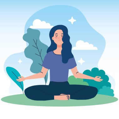Kadın doğada meditasyon yapıyor ve gidiyor, yoga, meditasyon, rahatlama, sağlıklı yaşam tarzı konsepti.
