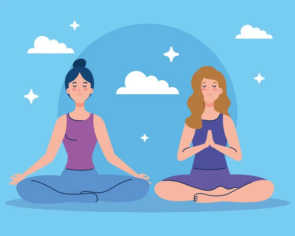 Donne che meditano, concetto di yoga, meditazione, relax, stile di vita sano — Vettoriale Stock