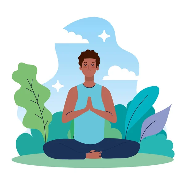 Muž afro meditace v přírodě a listí, koncept jógy, meditace, relax, zdravý životní styl — Stockový vektor