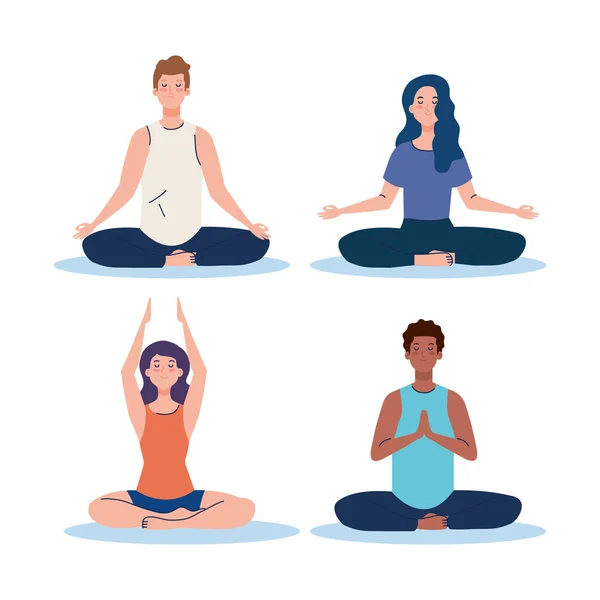 Group people meditating, concept for yoga, meditation, relax, healthy lifestyle — Stock Vector