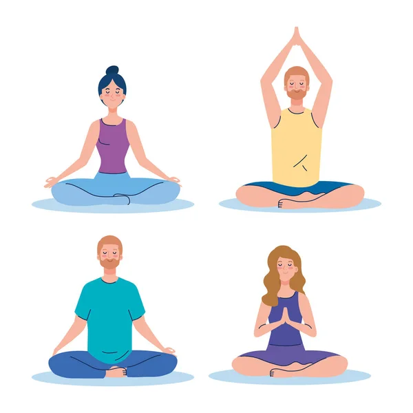 Group people meditating, concept for yoga, meditation, relax, healthy lifestyle — Stock Vector