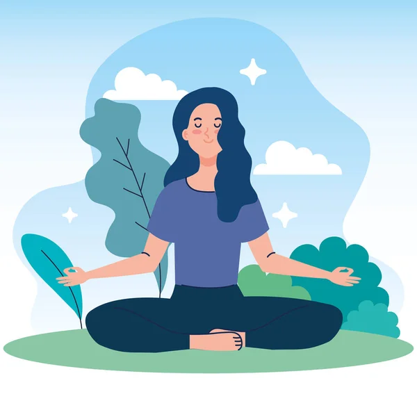 Mujer meditando en la naturaleza y las hojas, concepto de yoga, meditación, relax, estilo de vida saludable — Vector de stock
