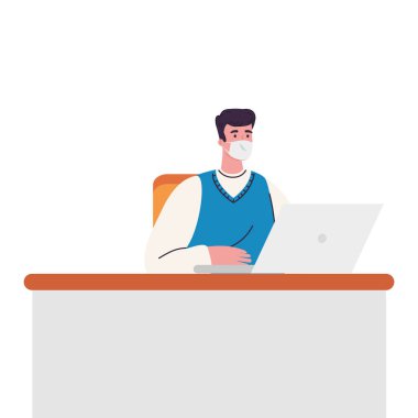 Evde kalıp kendinizi koruyun. Coperid 19 sırasında tıbbi maske takan adam, koronavirüs sırasında karantinada kalın.