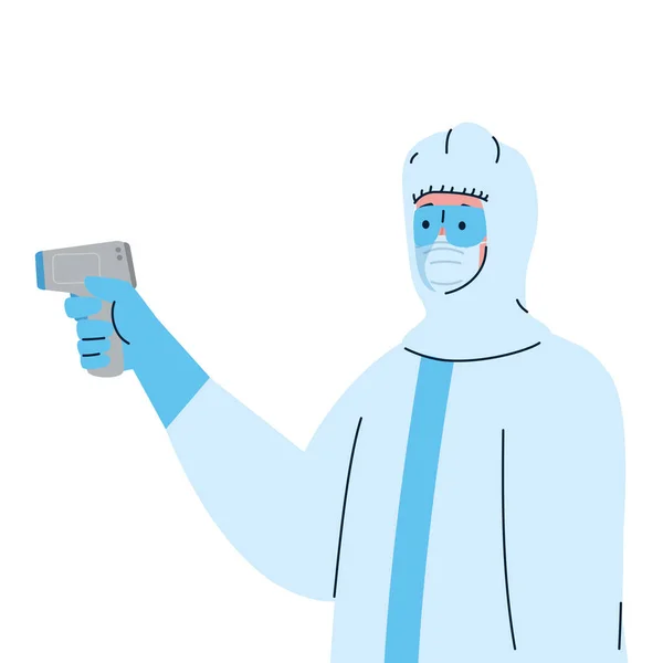 Desinfección, persona en traje de protección viral, con termómetro infrarrojo digital sin contacto — Archivo Imágenes Vectoriales