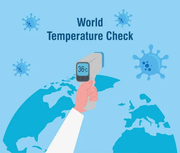 Hand med digital beröringsfri infraröd termometer, världskarta internationellt, förebyggande av koronavirussjukdom 2019 ncov — Stock vektor