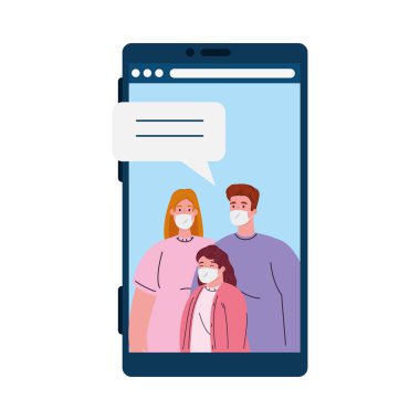 Aile fertleri birbirleriyle akıllı telefon ekranında, konferans videosu görüşmesinde, covid 19 sırasında konuşur.
