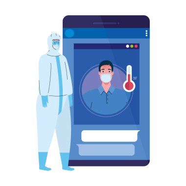 Akıllı telefon, tıbbi maske takan adam, uygulama önleme Coronavirus covid 19, viral koruyucu giysili adam.