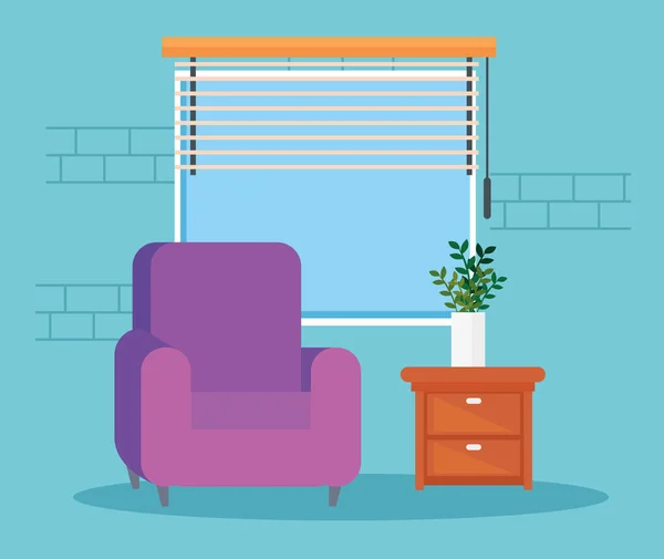 Aconchegante interior uma casa, uma sala de estar com ícones de sofá e móveis — Vetor de Stock