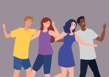 Mutlu karakterler, gençler, dostluk heyecanı, mutluluktan neşeli kahkahalar.