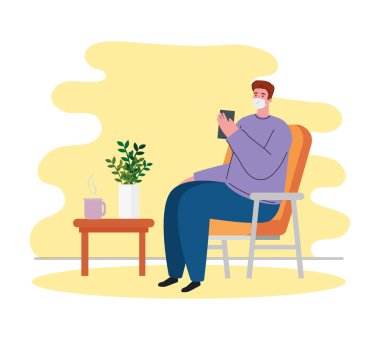 Oturma odasında tıbbi maske takan adam, karantina ya da kendini izole etme.