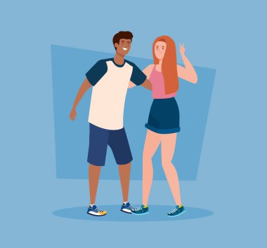 Mutlu karakterler, bir erkekle genç bir kadın, dostluk heyecanı, mutluluktan neşeli kahkahalar.