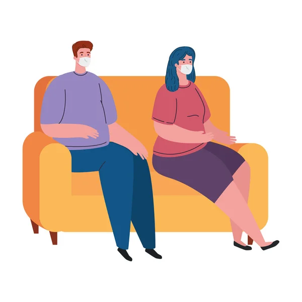 Paar mit medizinischer Schutzmaske gegen Kolibris 19, auf Couch sitzend, zu Hause bleiben — Stockvektor