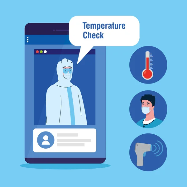 Verificação de temperatura por termômetro e smartphone sem contato, verificação de nova tecnologia, ícones médicos — Vetor de Stock
