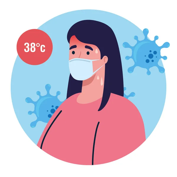 Ковад 19 коронавірус, рука тримає інфрачервоний термометр для вимірювання температури тіла, жінка перевіряє з високою температурою — стоковий вектор