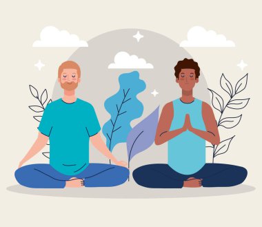 Erkekler doğada meditasyon yapıyor ve gidiyor. Yoga, meditasyon, rahatlama, sağlıklı yaşam tarzı.