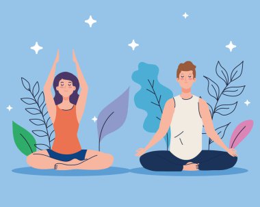 Çift doğada meditasyon yapıyor ve gidiyor, yoga, meditasyon, rahatlama, sağlıklı yaşam tarzı konsepti