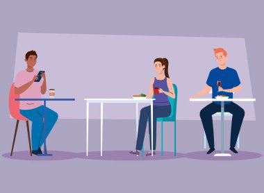 Yeni konseptte sosyal mesafe, masalarda yemek yiyen insanlar, koruma, koronavirüsün önlenmesi covid 19