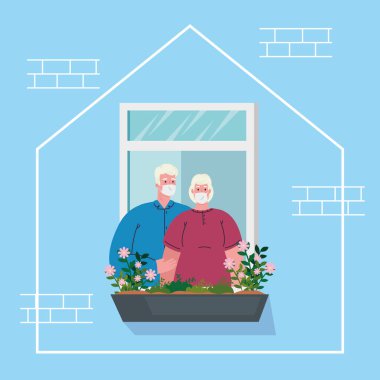 Evde kal, pencereli ev cephesi, evden dışarı bak, kendini izole et, koronavirüs yüzünden karantina, covid 19