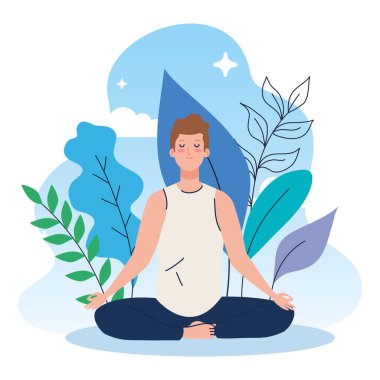 Adam doğada meditasyon yapıyor ve gidiyor. Yoga, meditasyon, rahatlama, sağlıklı yaşam tarzı.