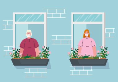 Evde kal, pencereli ev cephesi, insanlar evden dışarı bak, kendini izole et, koronavirüs yüzünden karantina, covid 19