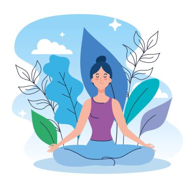 Kadın doğada meditasyon yapıyor ve gidiyor, yoga, meditasyon, rahatlama, sağlıklı yaşam tarzı konsepti.