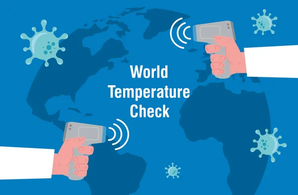 2018 년 1 월 20 일에 확인 함 . hands with digital non contact infrared thermmeters, world map international, Prevention of coronavirus disease 2019 ncov — 스톡 벡터