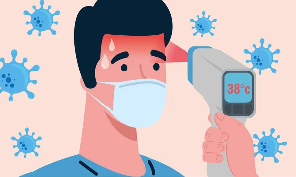 Covid 19 coronavirus, termómetro infrarrojo de mano para medir la temperatura corporal, control del hombre con alta temperatura — Archivo Imágenes Vectoriales