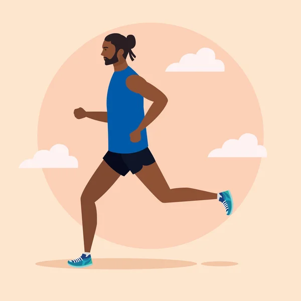Hombre afro running, hombre en ropa deportiva jogging, atleta masculino, deportista — Archivo Imágenes Vectoriales