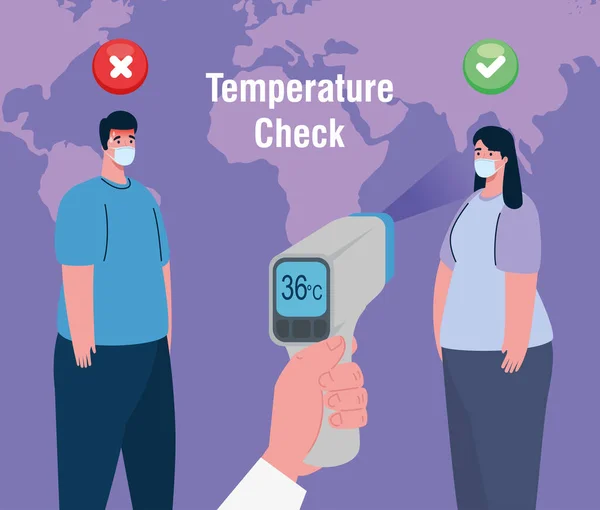 Covid 19 coronavirus, ręczny termometr podczerwieni do pomiaru temperatury ciała, ludzie sprawdzają temperaturę — Wektor stockowy