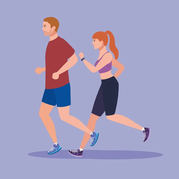 Coppia corsa, donna e uomo in abbigliamento sportivo jogging, persone atleta, persone sportive — Vettoriale Stock