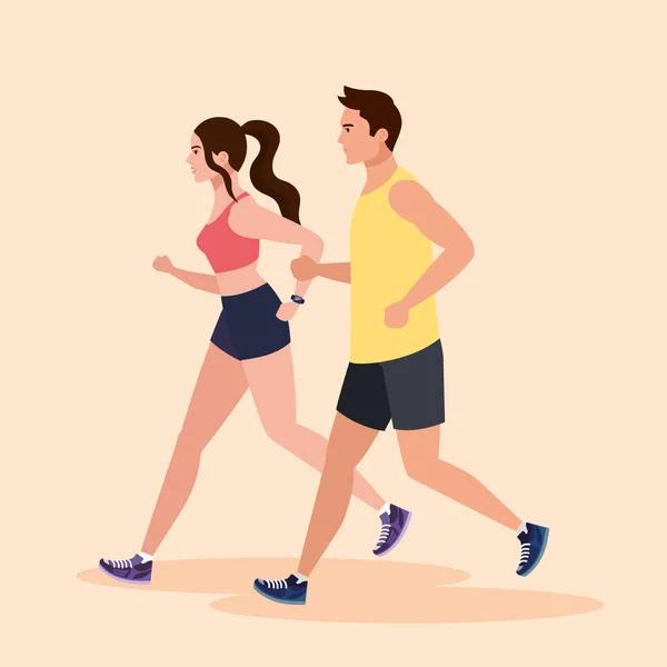 Pareja corriendo, mujer y hombre en jogging de ropa deportiva, atleta de personas, deportistas — Vector de stock