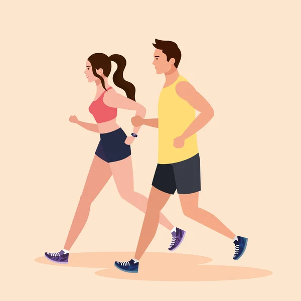 Couple courir, femme et homme dans le jogging de vêtements de sport, personnes athlète, personnes sportives — Image vectorielle