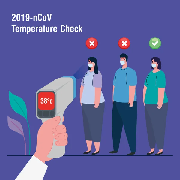 Covid 19 coronavírus, pessoas em teste com termômetro infravermelho para medir a temperatura corporal — Vetor de Stock