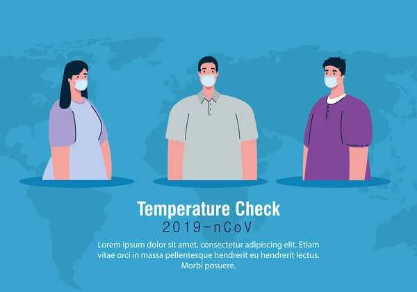 Covid 19 coronavirus, handhållen infraröd termometer för att mäta kroppstemperatur, personer i kontrolltemperatur — Stock vektor