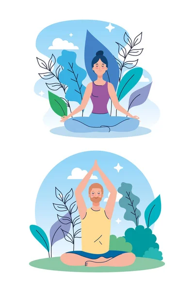 Casal meditando na natureza e folhas, conceito para ioga, meditação, relaxar, estilo de vida saudável —  Vetores de Stock