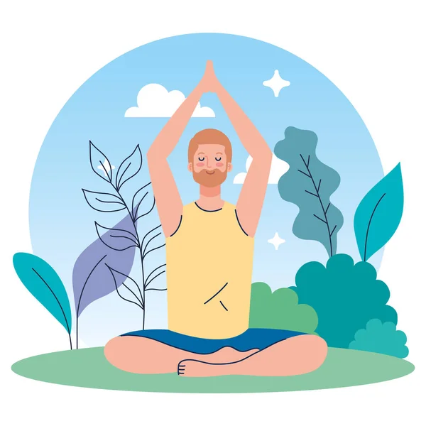 Uomo meditando in natura e foglie, concetto di yoga, meditazione, relax, stile di vita sano — Vettoriale Stock