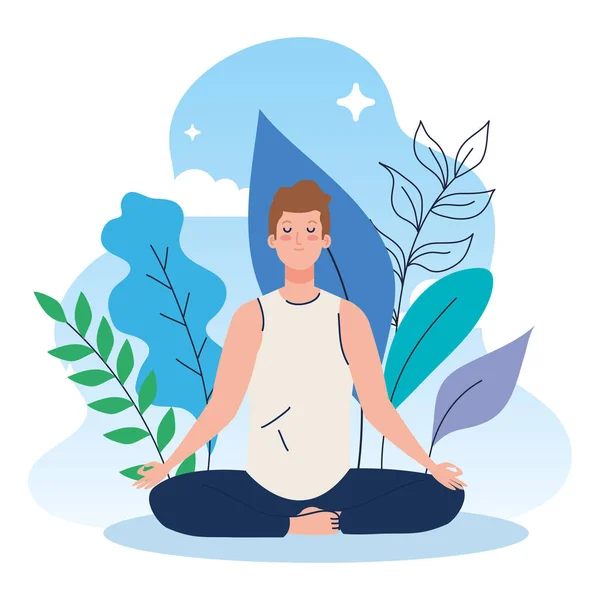 Muž medituje v přírodě a listí, koncept jógy, meditace, relax, zdravý životní styl — Stockový vektor