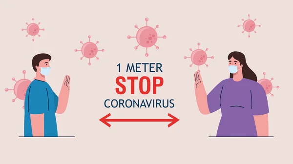 Soziale Distanzierung, Coronavirus einen Meter Abstand halten, Abstand in der öffentlichen Gesellschaft zu Menschen halten, die sich vor Covid 19 schützen, Paar trägt medizinische Maske gegen Coronavirus — Stockvektor