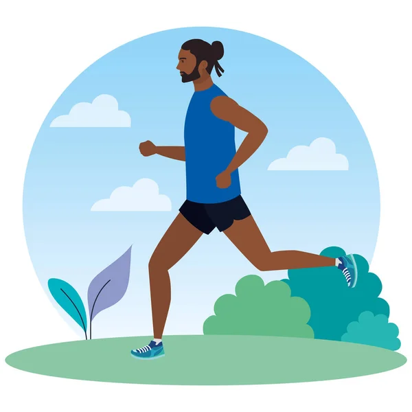 Hombre afro running in landscape, hombre en ropa deportiva jogging, atleta masculino, deportista — Archivo Imágenes Vectoriales