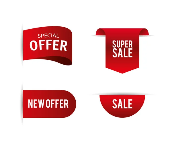 Price tags, collection red ribbon banners, sale promotion, website stickers, special offers — Stock Vector