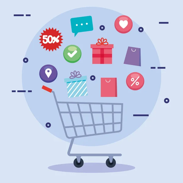 Indkøbskurv, sæt ikoner af shopping online, digital markedsføring koncept – Stock-vektor
